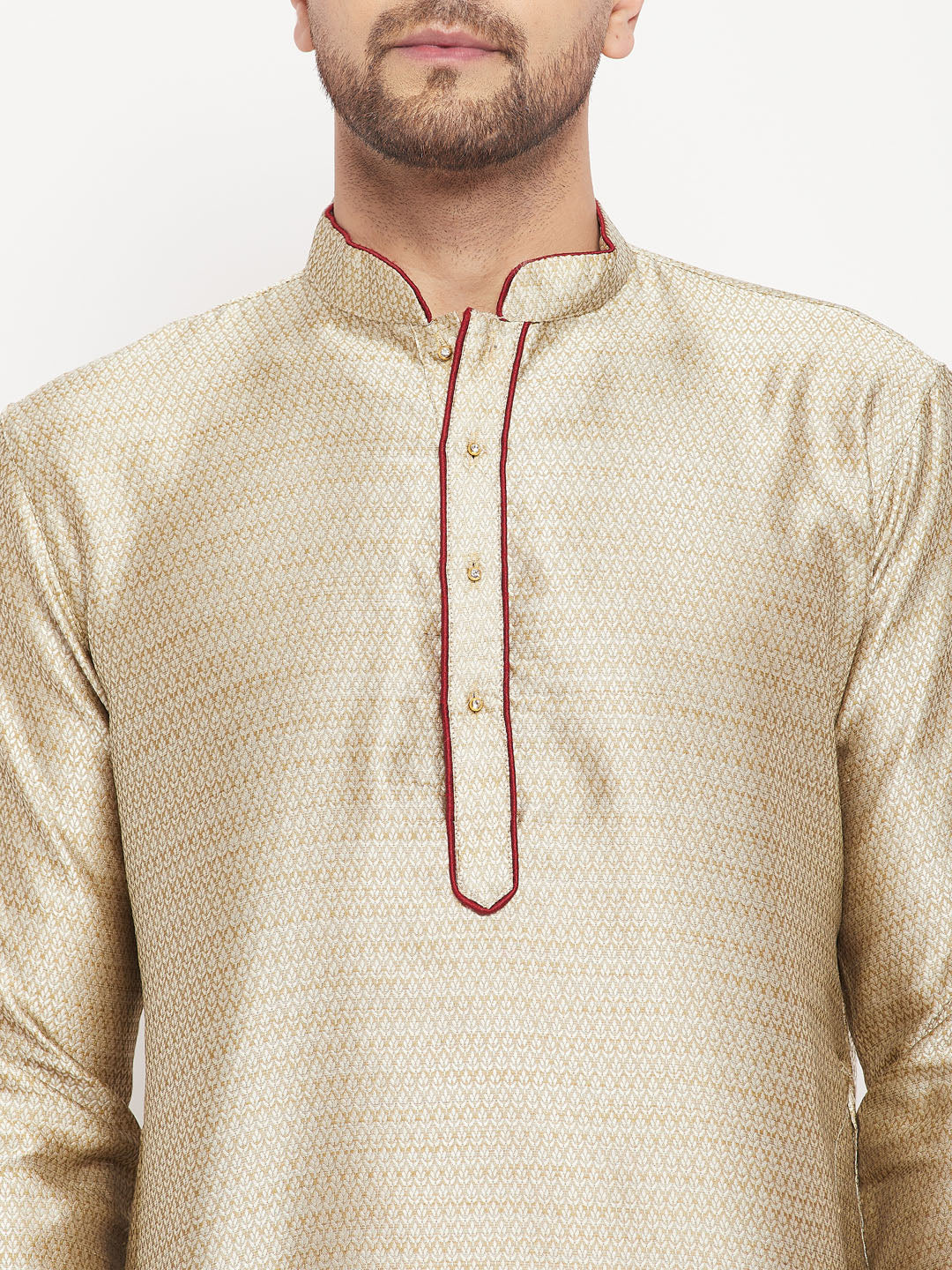 Men's Beige Silk Blend Kurta And Maroon Pant Style Pyjama Set