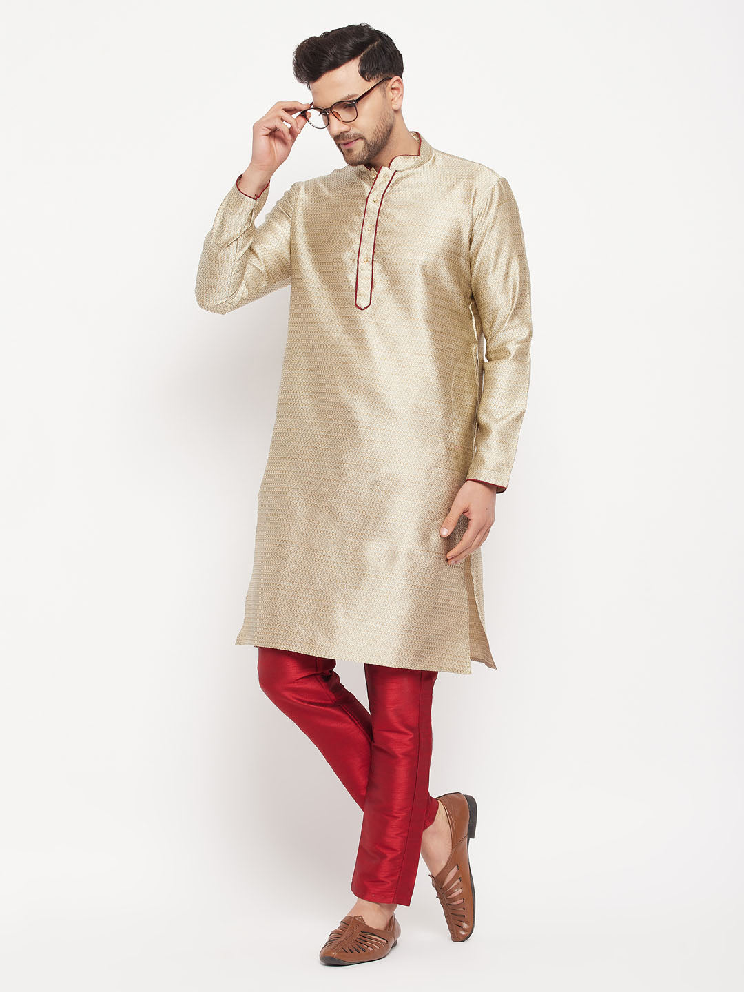 Men's Beige Silk Blend Kurta And Maroon Pant Style Pyjama Set