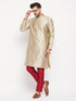 Men's Beige Silk Blend Kurta And Maroon Pant Style Pyjama Set