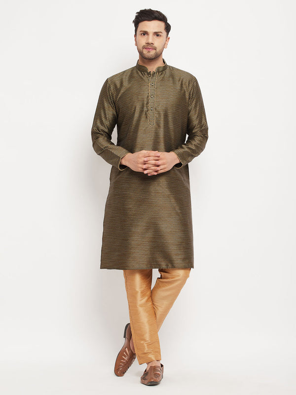Men's Black Silk Blend Kurta And Rose Gold Pant Style Pyjama Set