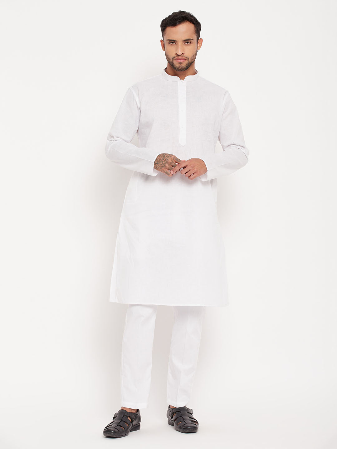 Men's White Kurta And Pant Style Pajama Set