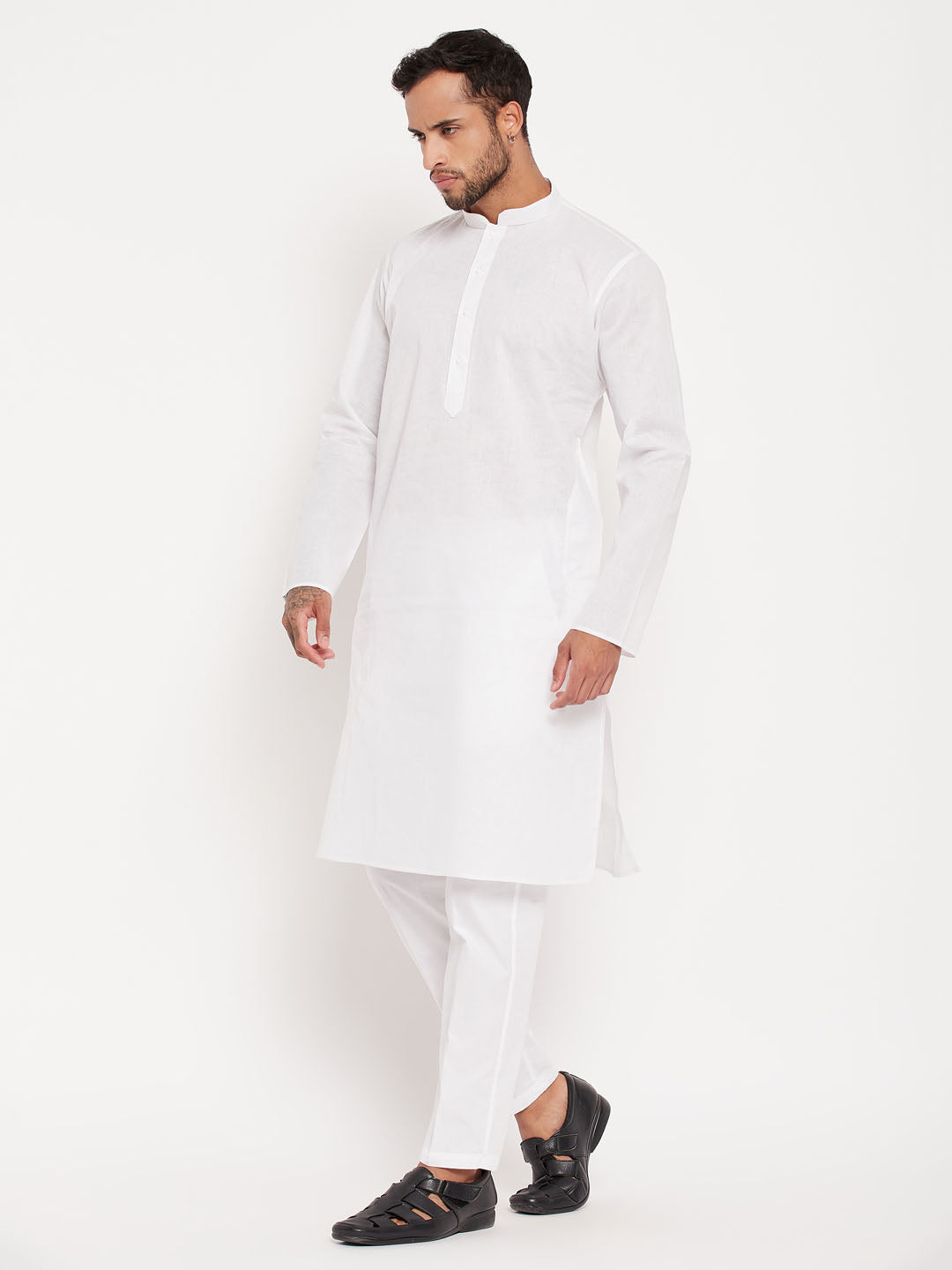 Men's White Kurta And Pant Style Pajama Set