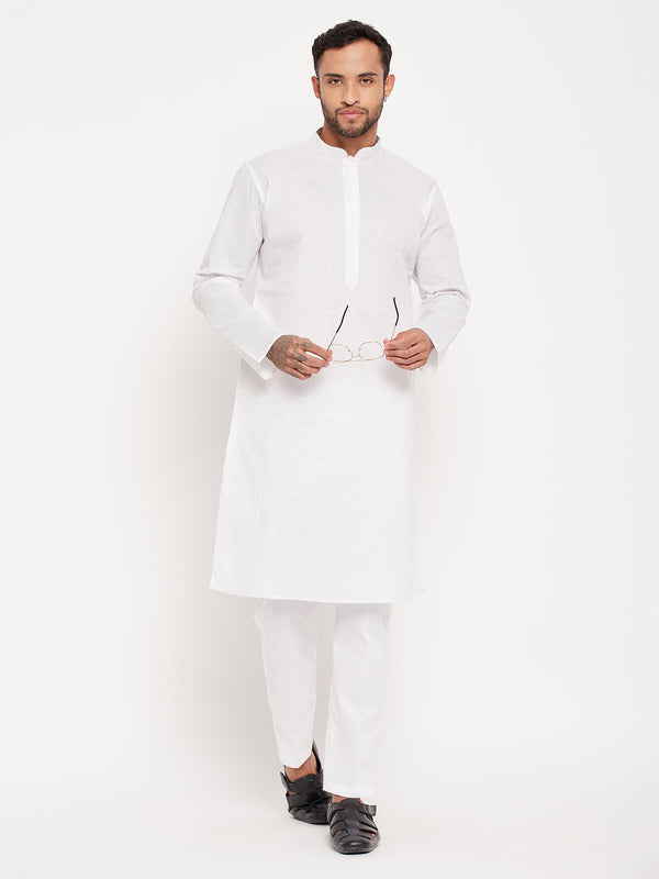 Men's White Kurta And Pant Style Pajama Set