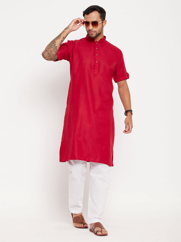Men's Maroon Solid Kurta With White Pyjama Set