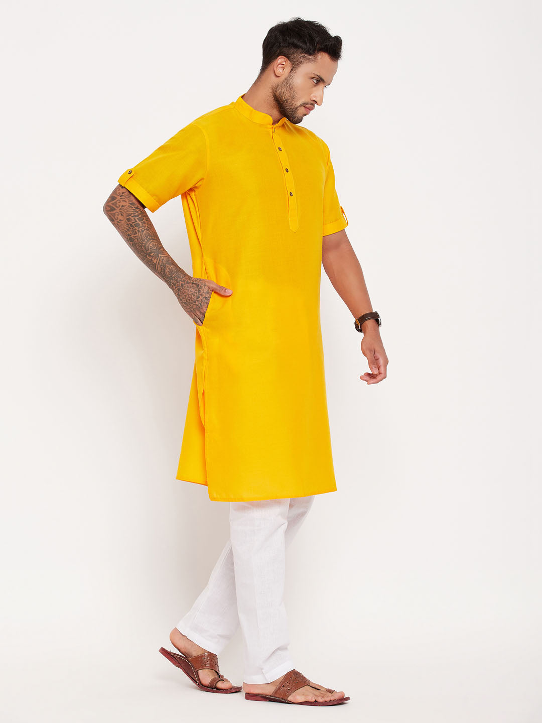 Men's Mustard Solid Kurta With White Pyjama Set