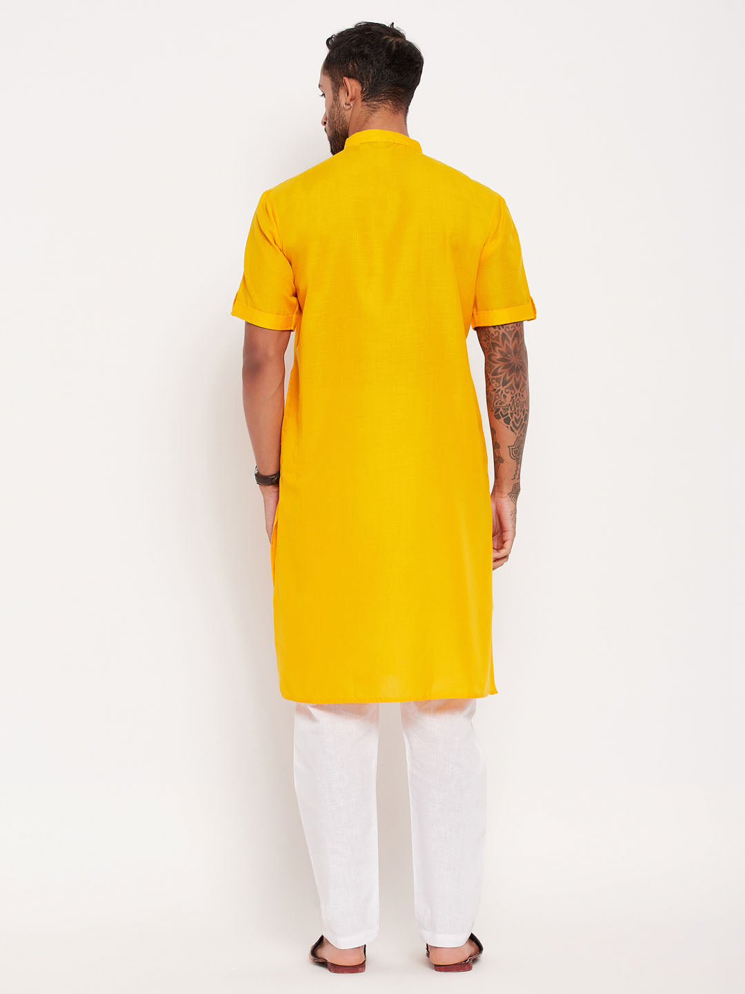 Men's Mustard Solid Kurta With White Pyjama Set