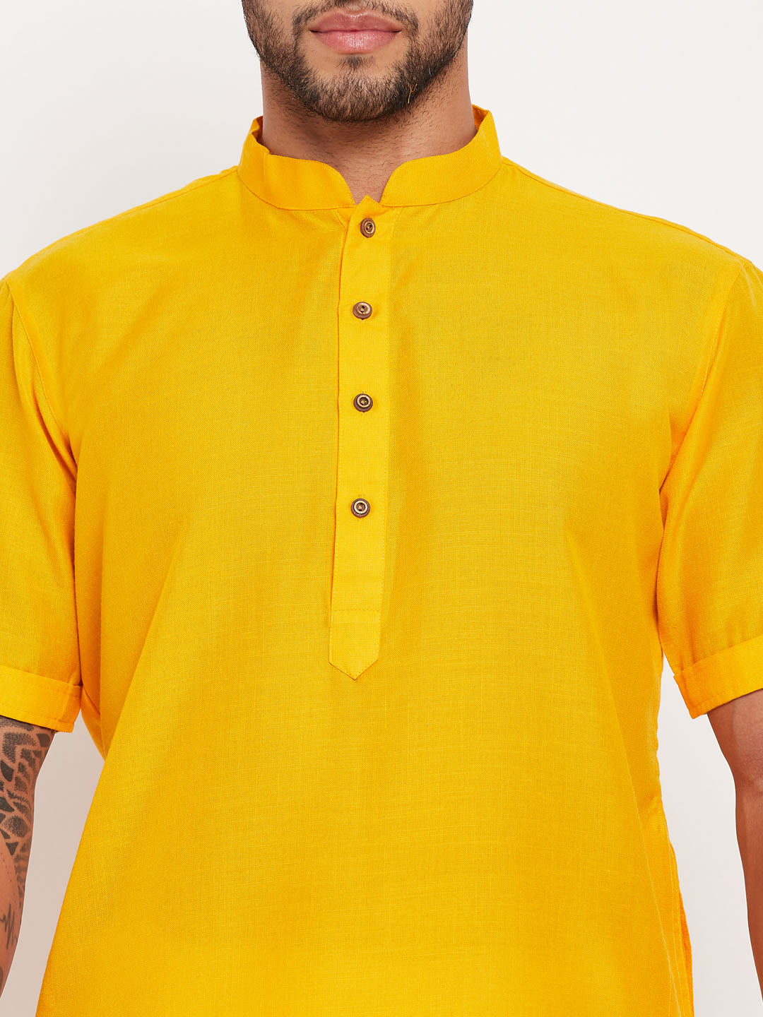 Men's Mustard Solid Kurta With White Pyjama Set