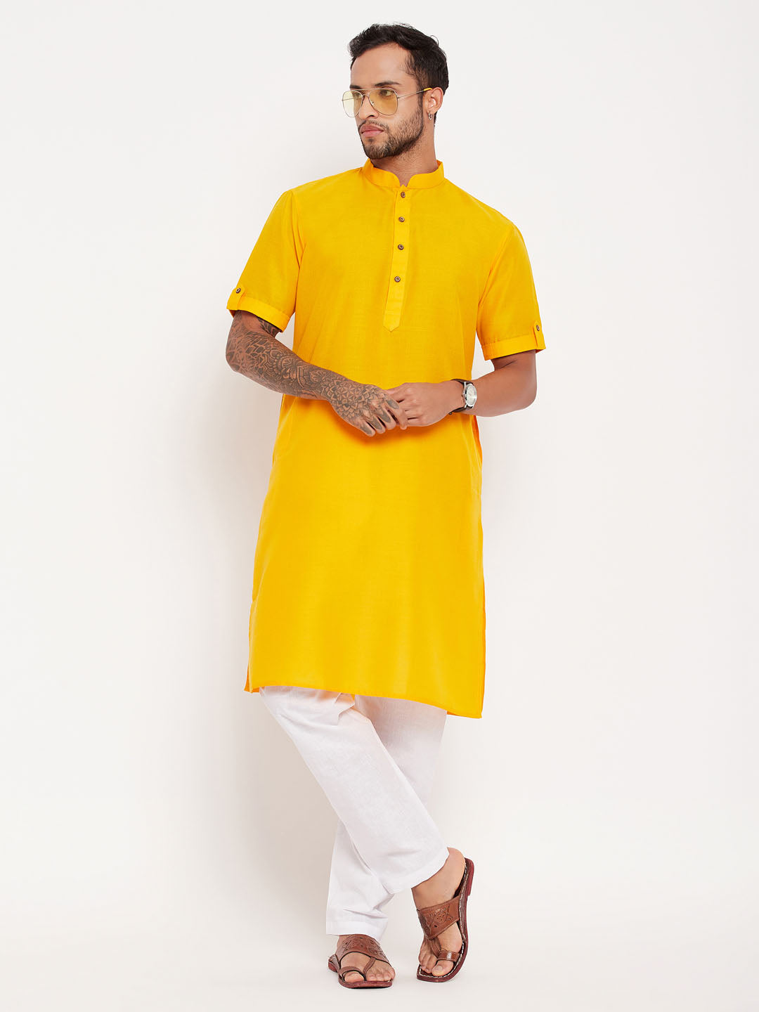 Men's Mustard Solid Kurta With White Pyjama Set