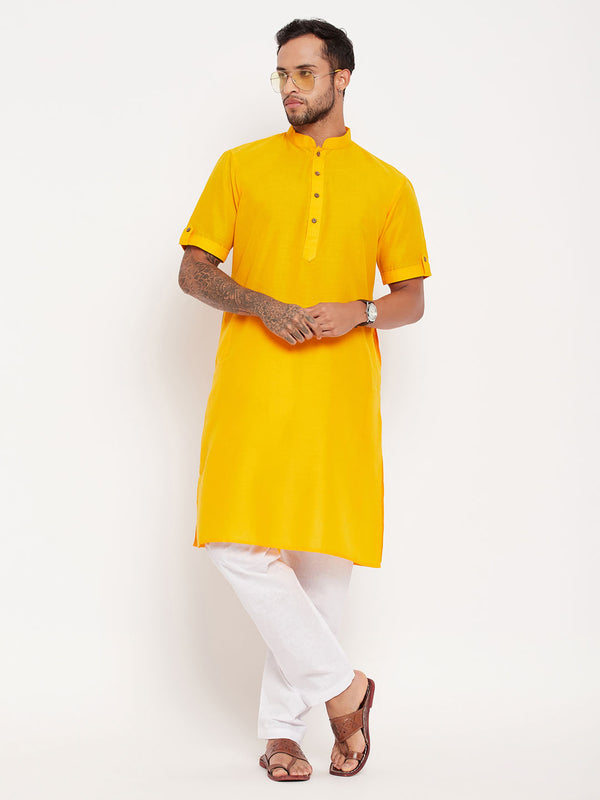 Men's Mustard Solid Kurta With White Pyjama Set