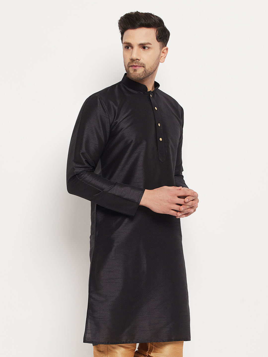 VASTRAMAY Men's Black Cotton Silk Blend Kurta