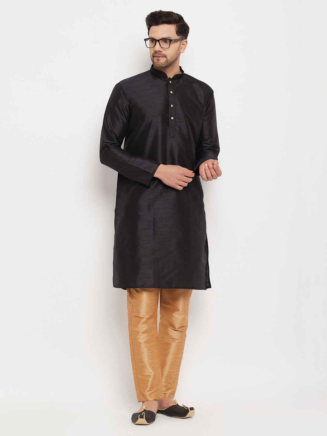 Men's Black Silk Blend Kurta And Rose Gold Pant Style Pyjama Set