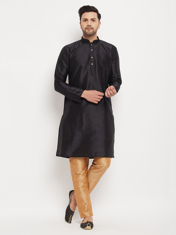 Men's Black Silk Blend Kurta And Rose Gold Pant Style Pyjama Set