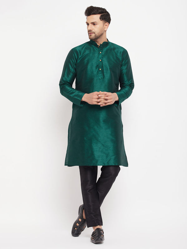 Men's Green Cotton Silk Blend Kurta And Black Pant Style Pyjama Set