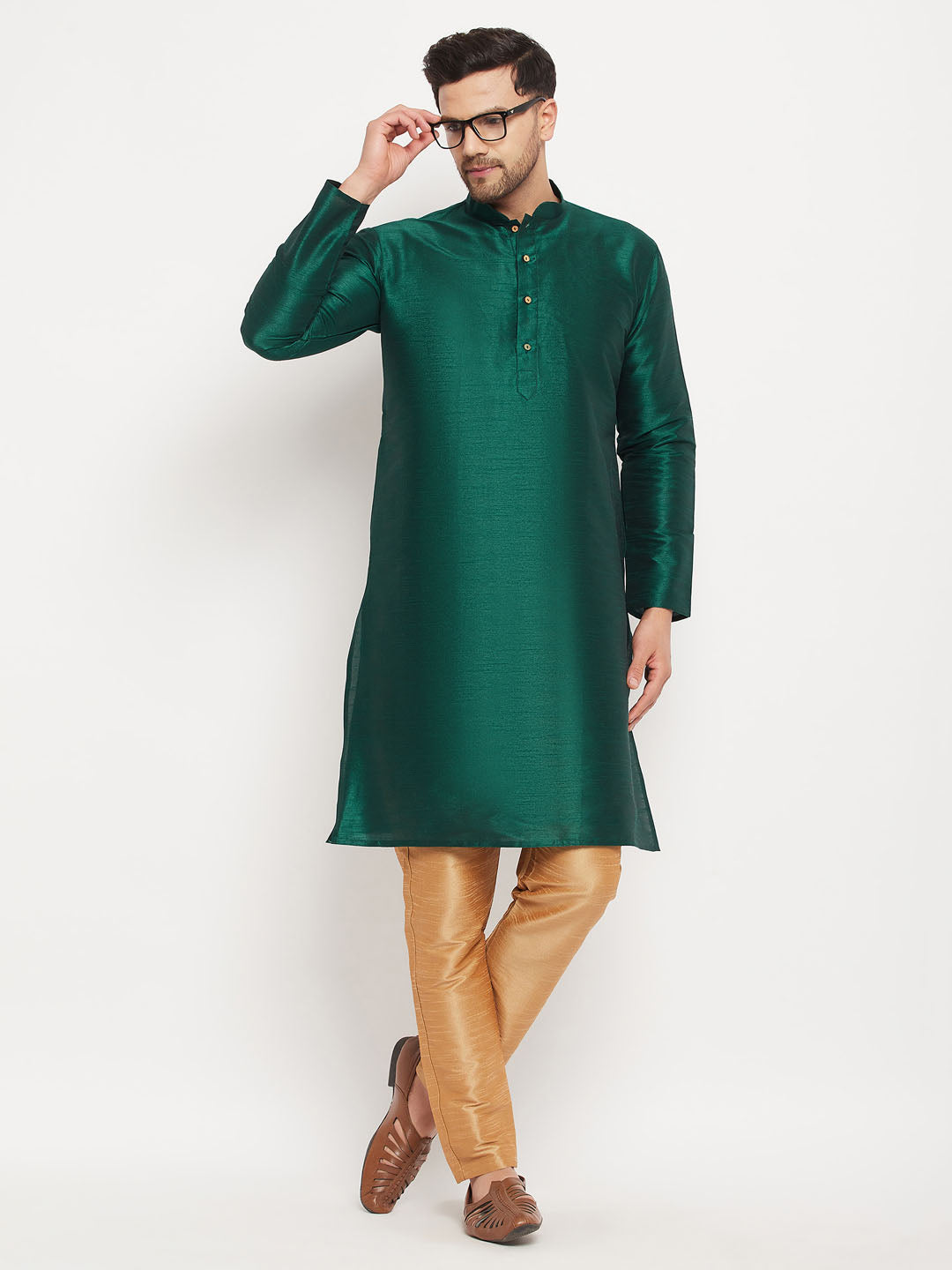 Men's Green Cotton Silk Blend Kurta And Rose Gold Pant Style Pyjama Set