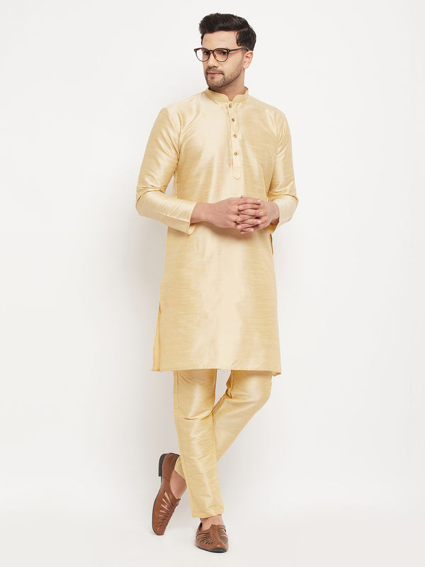 Men's Gold Cotton Silk Blend Kurta And Gold Pant Style Pyjama Set