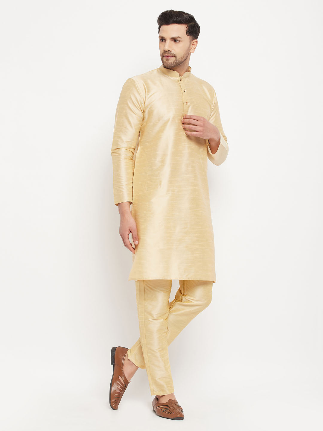 Men's Gold Cotton Silk Blend Kurta And Gold Pant Style Pyjama Set