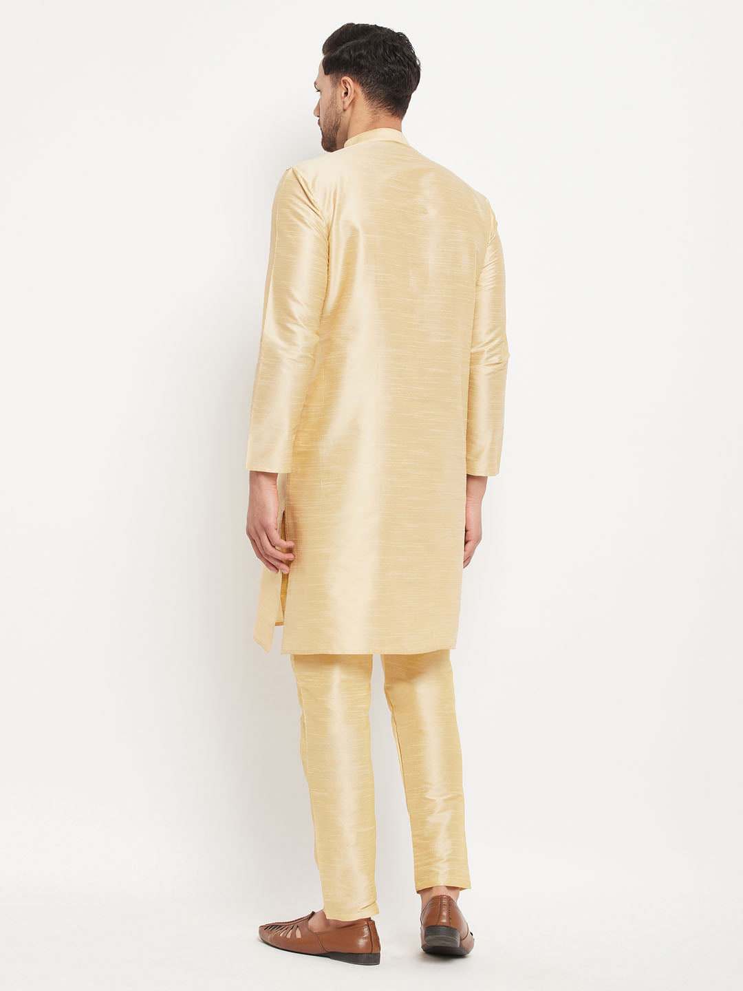 Men's Gold Cotton Silk Blend Kurta And Gold Pant Style Pyjama Set