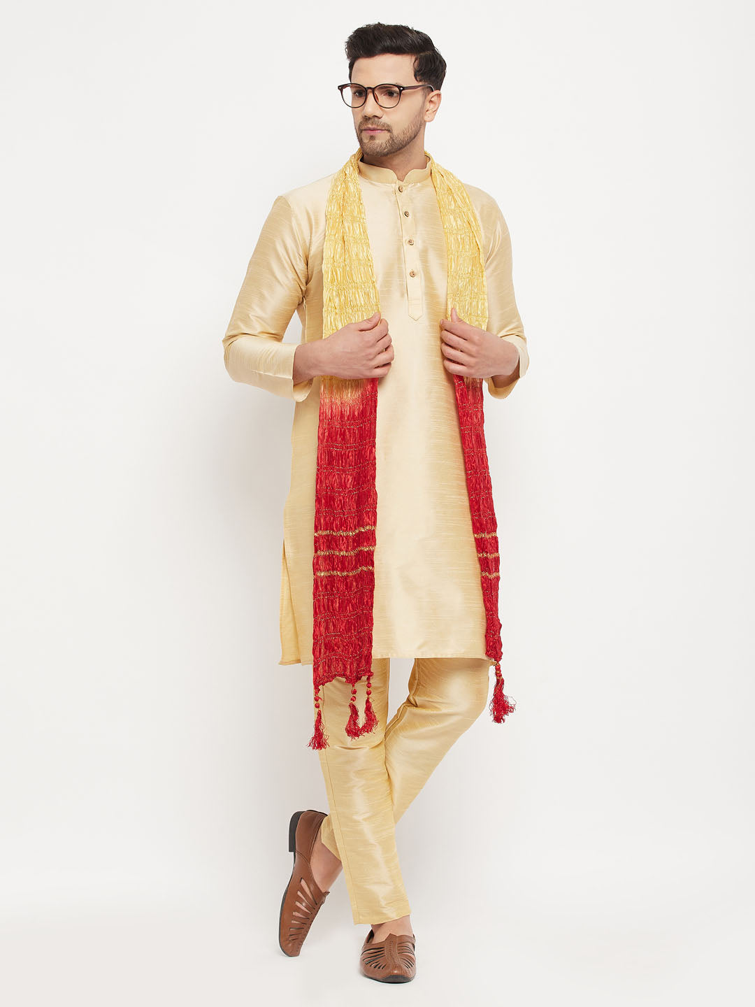 Men's Gold Cotton Silk Blend Kurta And Gold Pant Style Pyjama Set With Dupatta