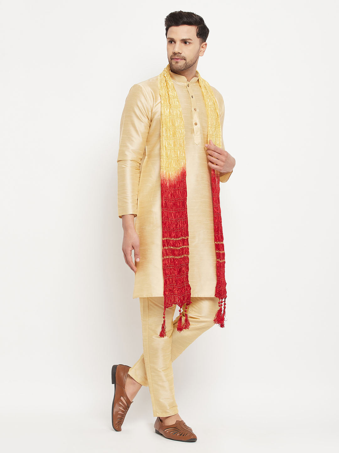 Men's Gold Cotton Silk Blend Kurta And Gold Pant Style Pyjama Set With Dupatta