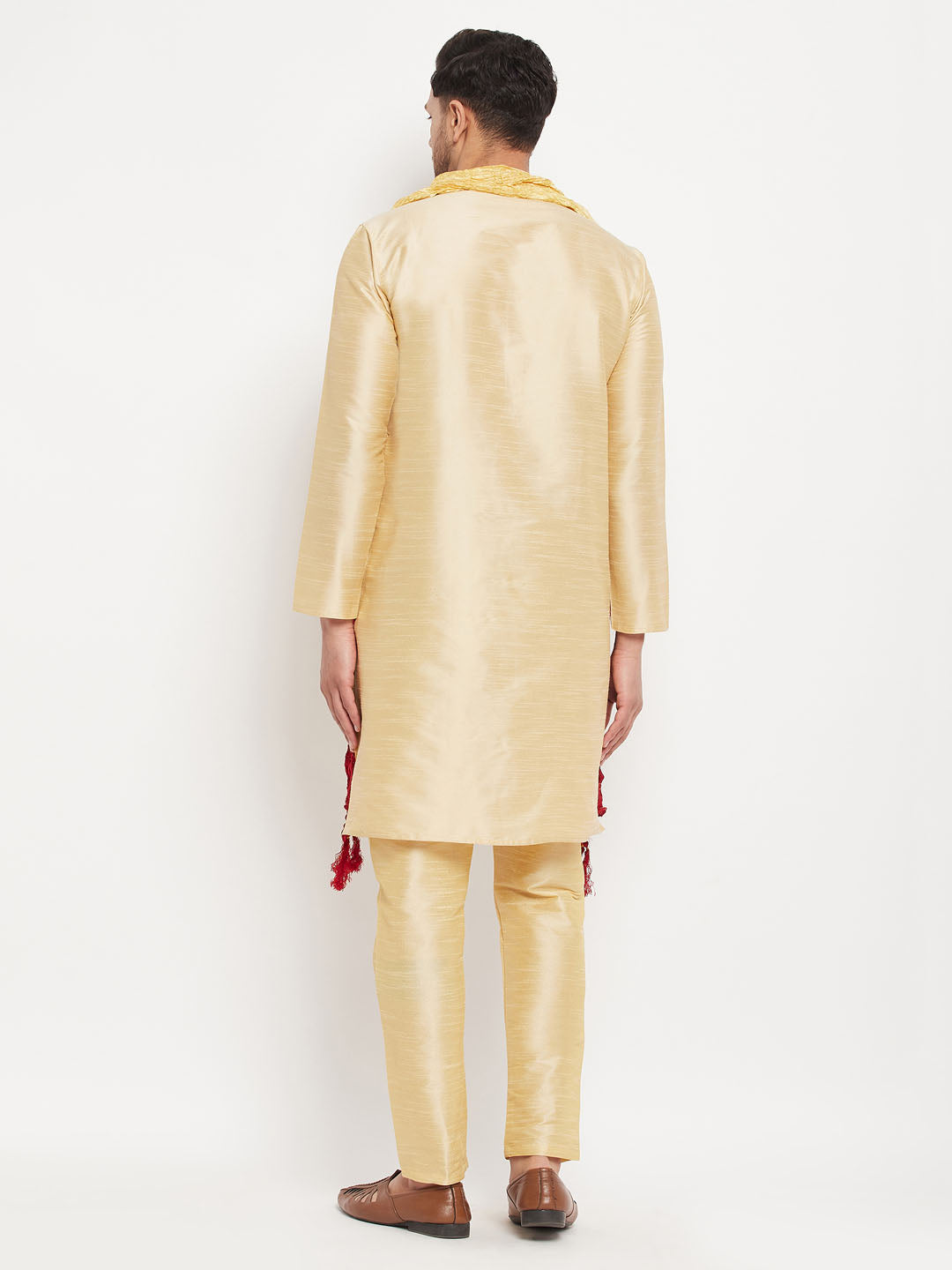 Men's Gold Cotton Silk Blend Kurta And Gold Pant Style Pyjama Set With Dupatta