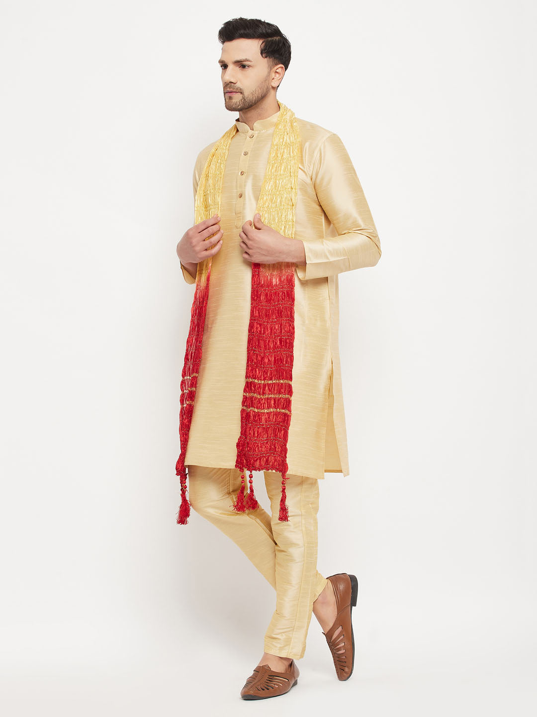Men's Gold Cotton Silk Blend Kurta And Gold Pant Style Pyjama Set With Dupatta