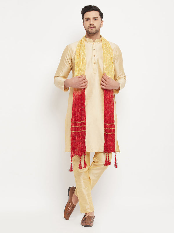 Men's Gold Cotton Silk Blend Kurta And Gold Pant Style Pyjama Set With Dupatta