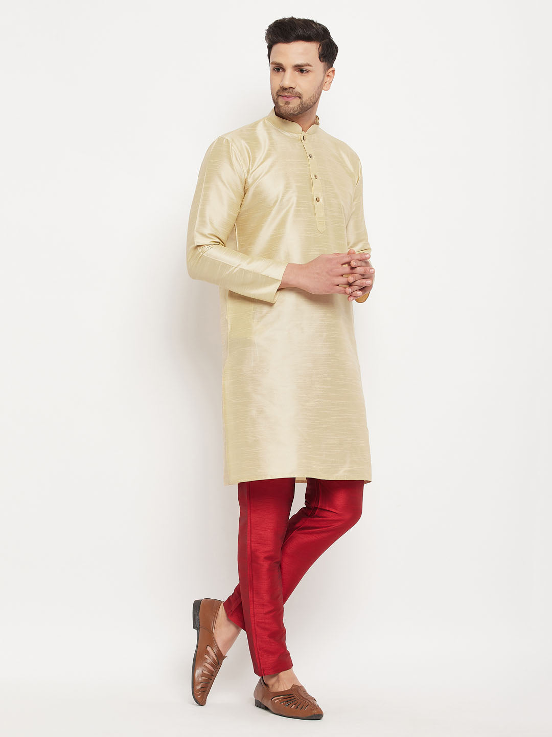 Men's Gold Cotton Silk Blend Kurta And Maroon Pant Style Pyjama Set