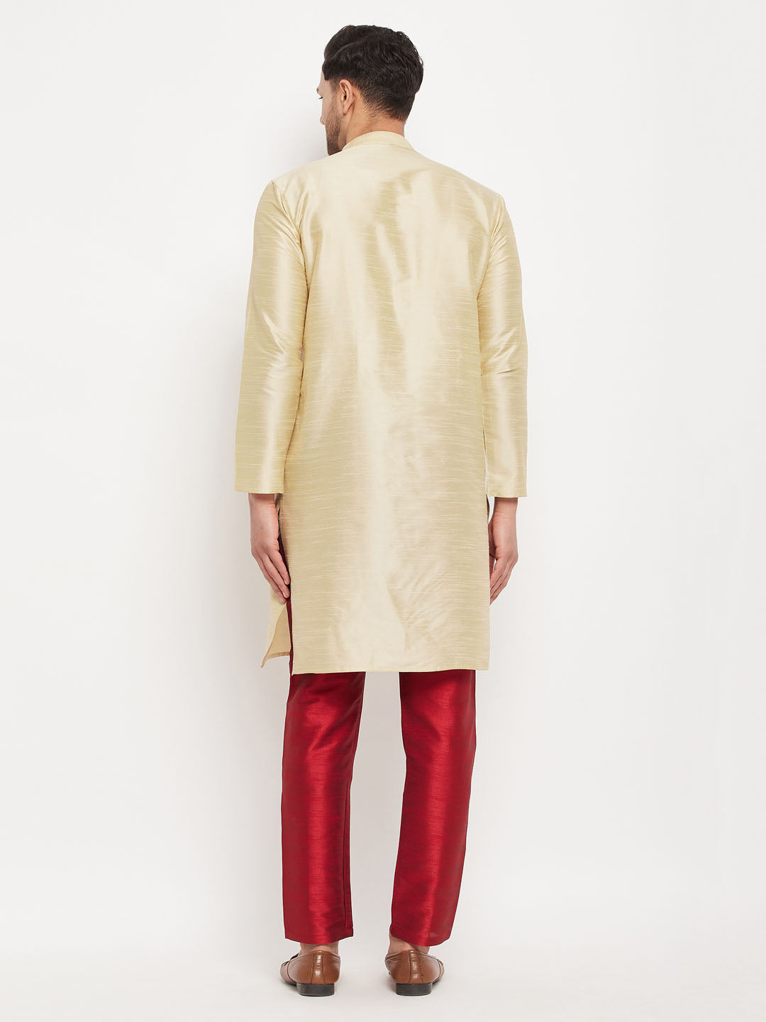 Men's Gold Cotton Silk Blend Kurta And Maroon Pant Style Pyjama Set