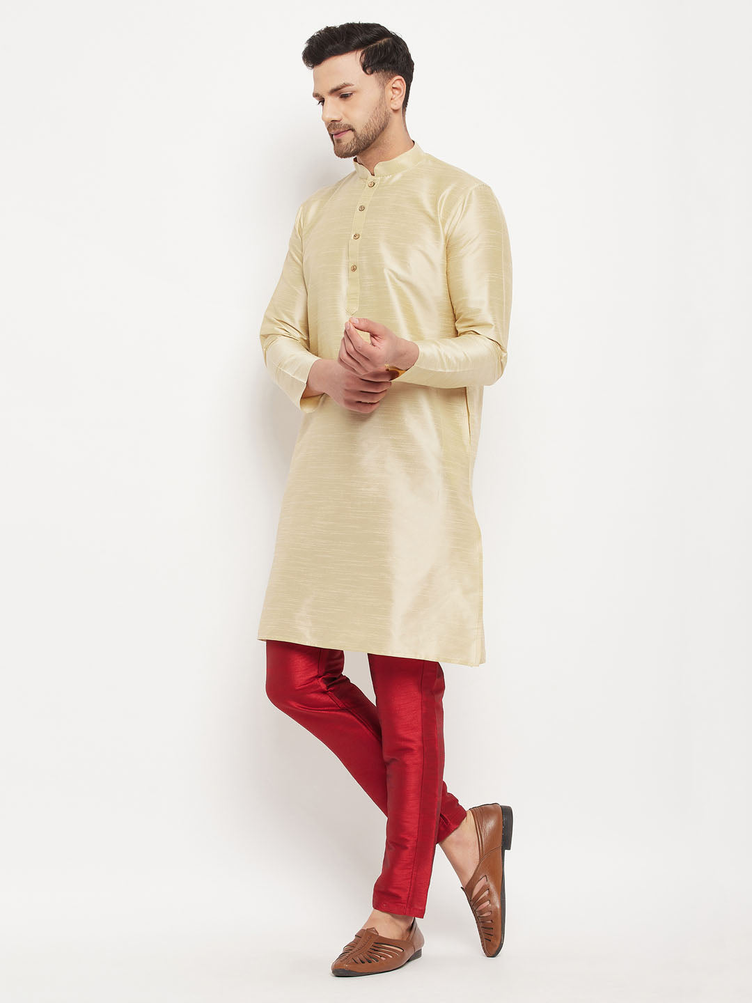Men's Gold Cotton Silk Blend Kurta And Maroon Pant Style Pyjama Set