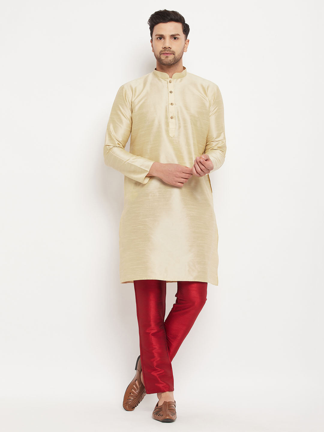 Men's Gold Cotton Silk Blend Kurta And Maroon Pant Style Pyjama Set