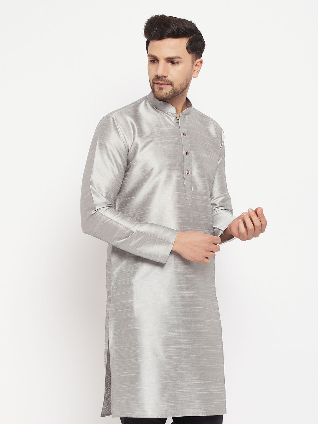 VASTRAMAY Men's Grey Cotton Silk Blend Kurta
