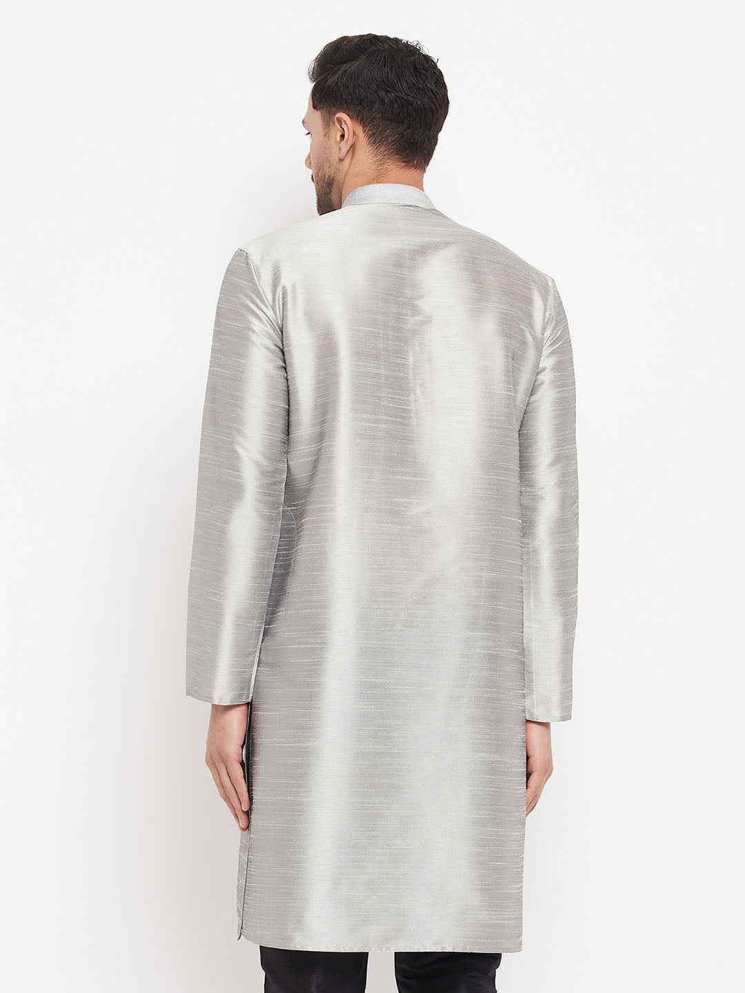 VASTRAMAY Men's Grey Cotton Silk Blend Kurta