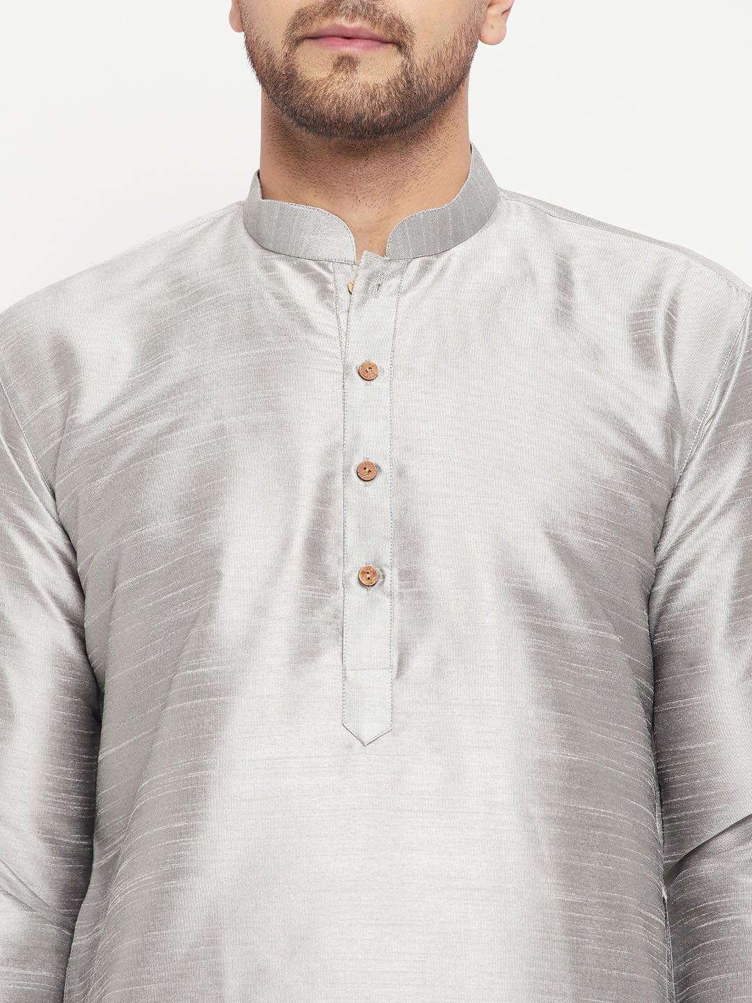 VASTRAMAY Men's Grey Cotton Silk Blend Kurta