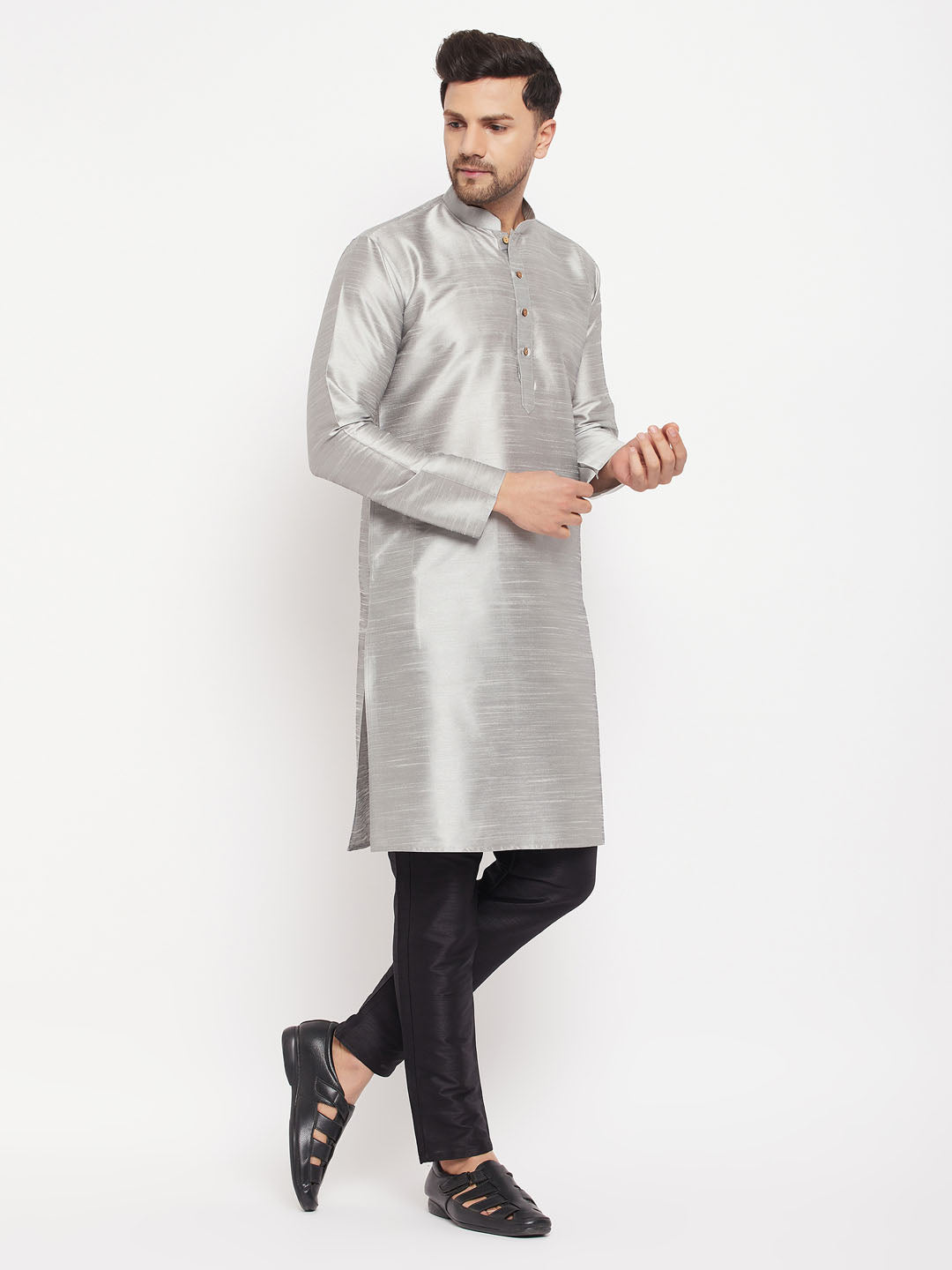 VASTRAMAY Men's Grey Cotton Silk Blend Kurta