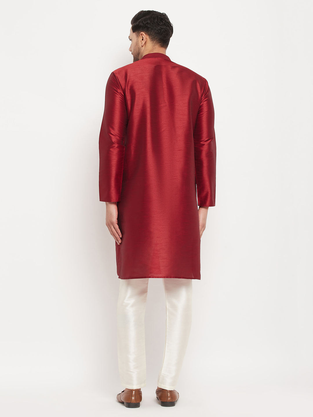 Men's Maroon Silk Blend Kurta And Cream Pant Style Pyjama Set