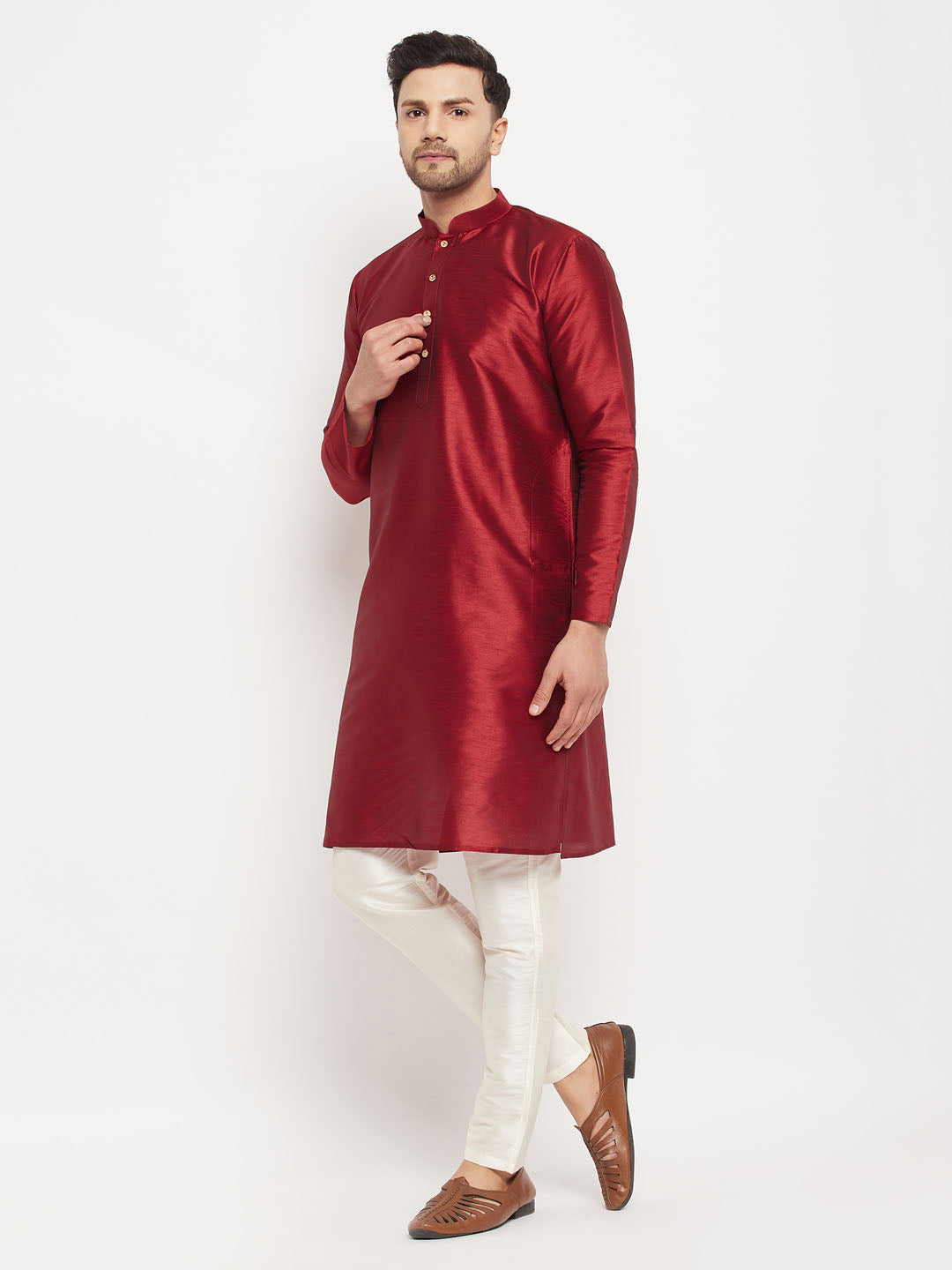 Men's Maroon Silk Blend Kurta And Cream Pant Style Pyjama Set