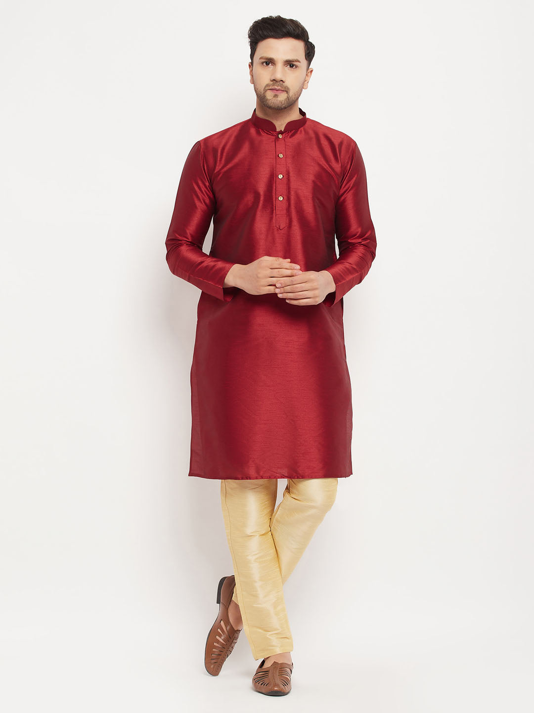 Men's Maroon Silk Blend Kurta And Gold Pant Style Pyjama Set
