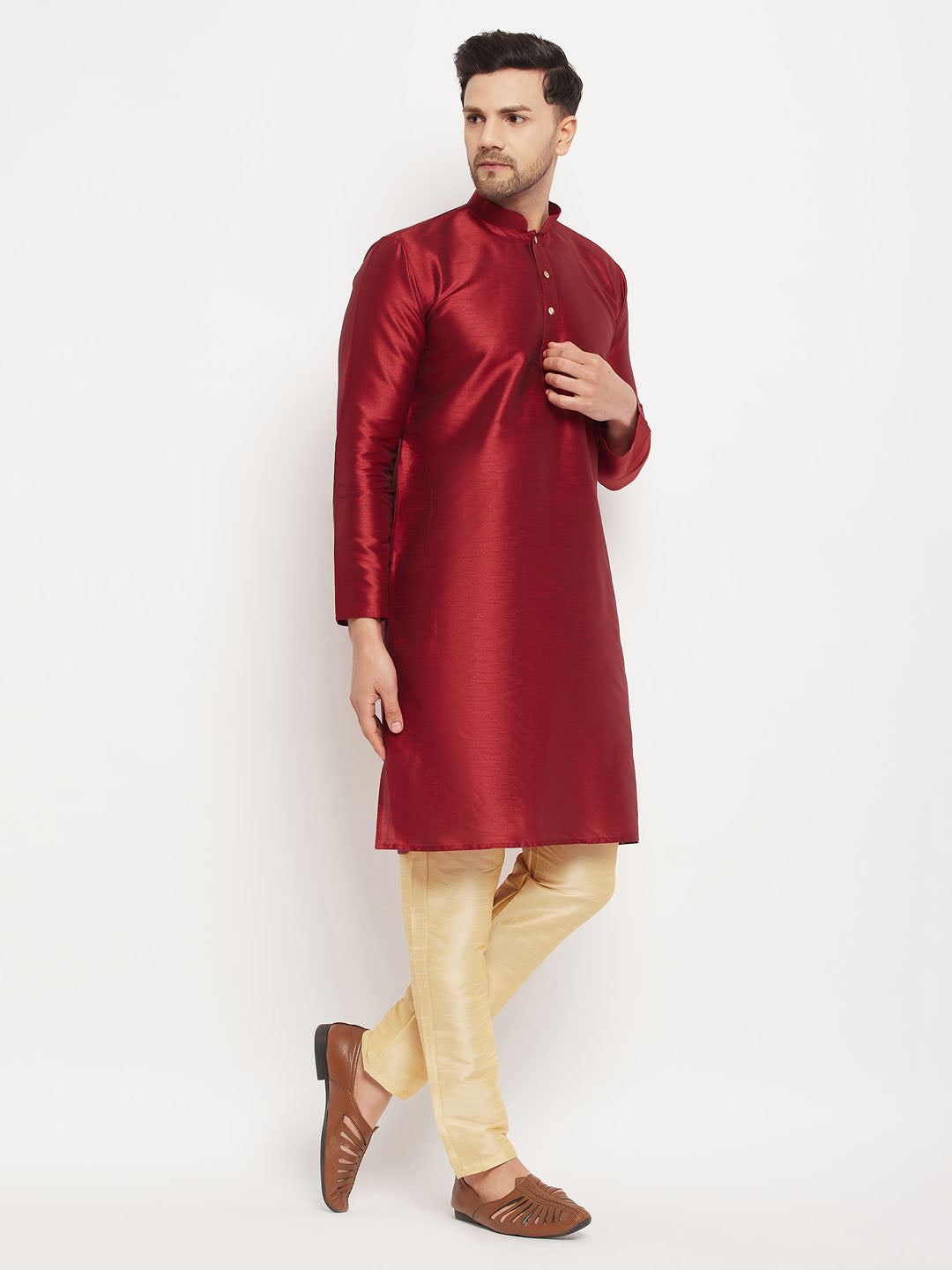 Men's Maroon Silk Blend Kurta And Gold Pant Style Pyjama Set