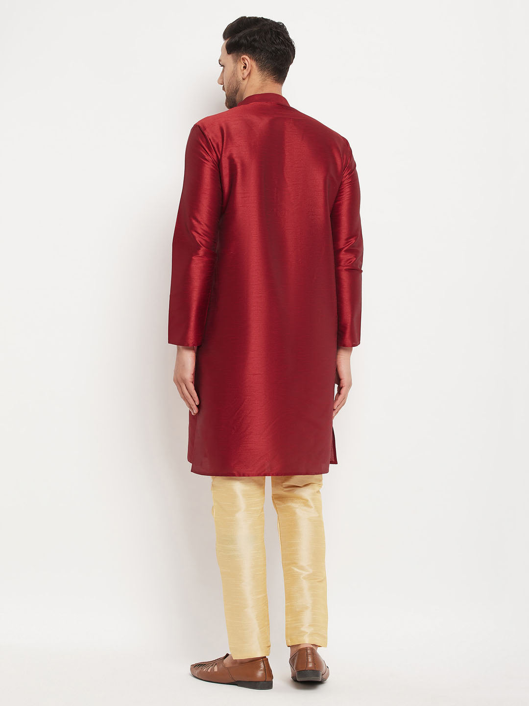 Men's Maroon Silk Blend Kurta And Gold Pant Style Pyjama Set
