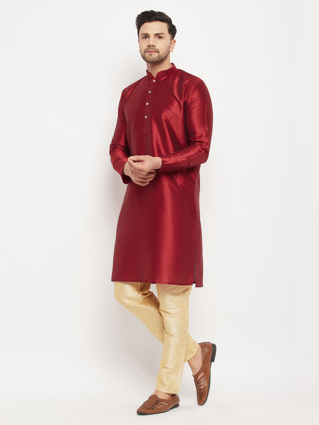 Men's Maroon Silk Blend Kurta And Gold Pant Style Pyjama Set