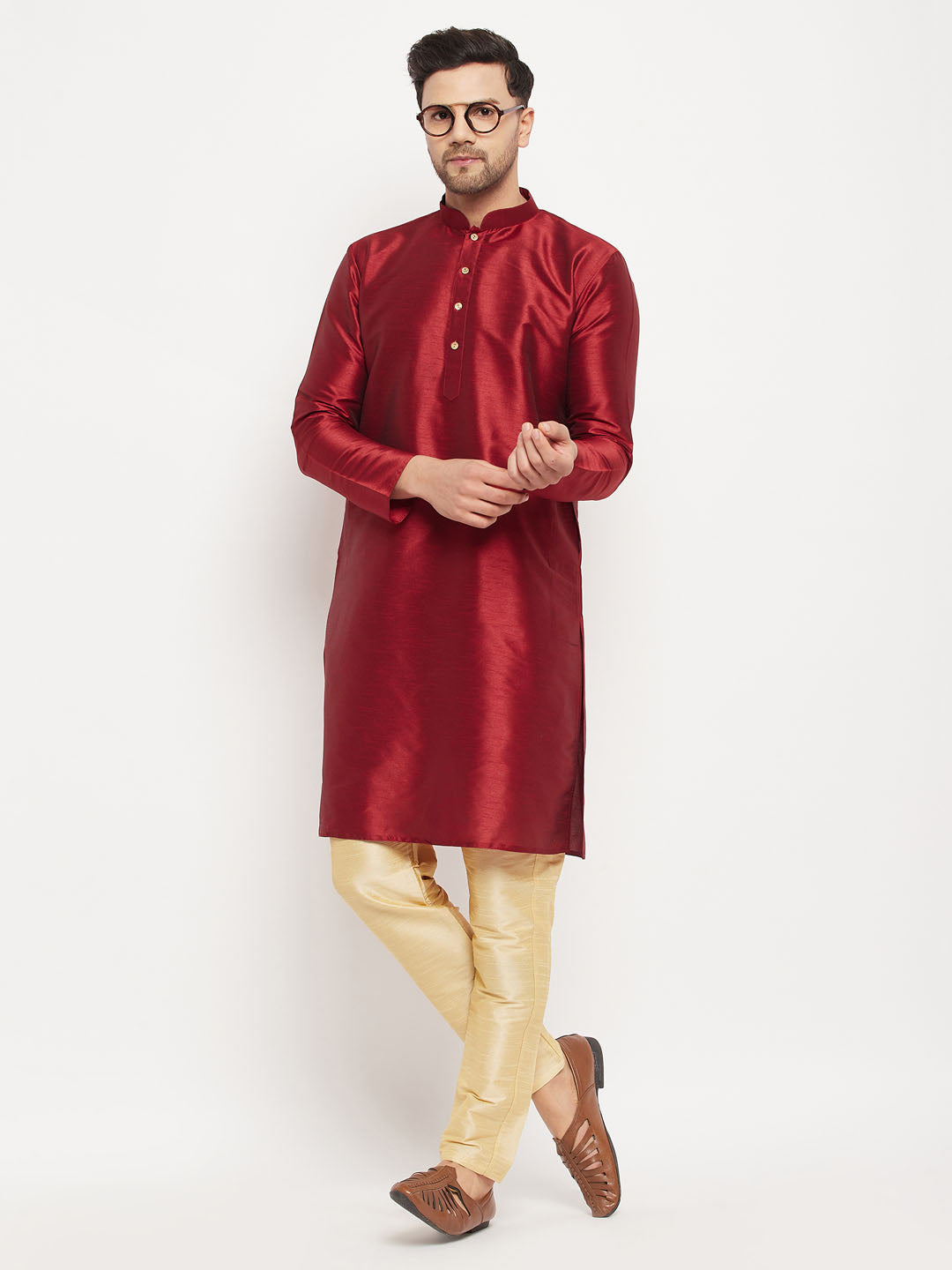 Men's Maroon Silk Blend Kurta And Gold Pant Style Pyjama Set