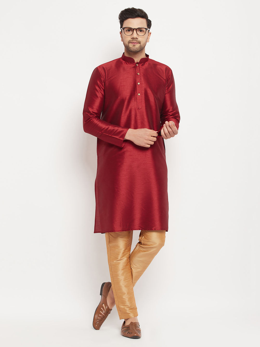 Men's Maroon Silk Blend Kurta And Rose Gold Pant Style Pyjama Set