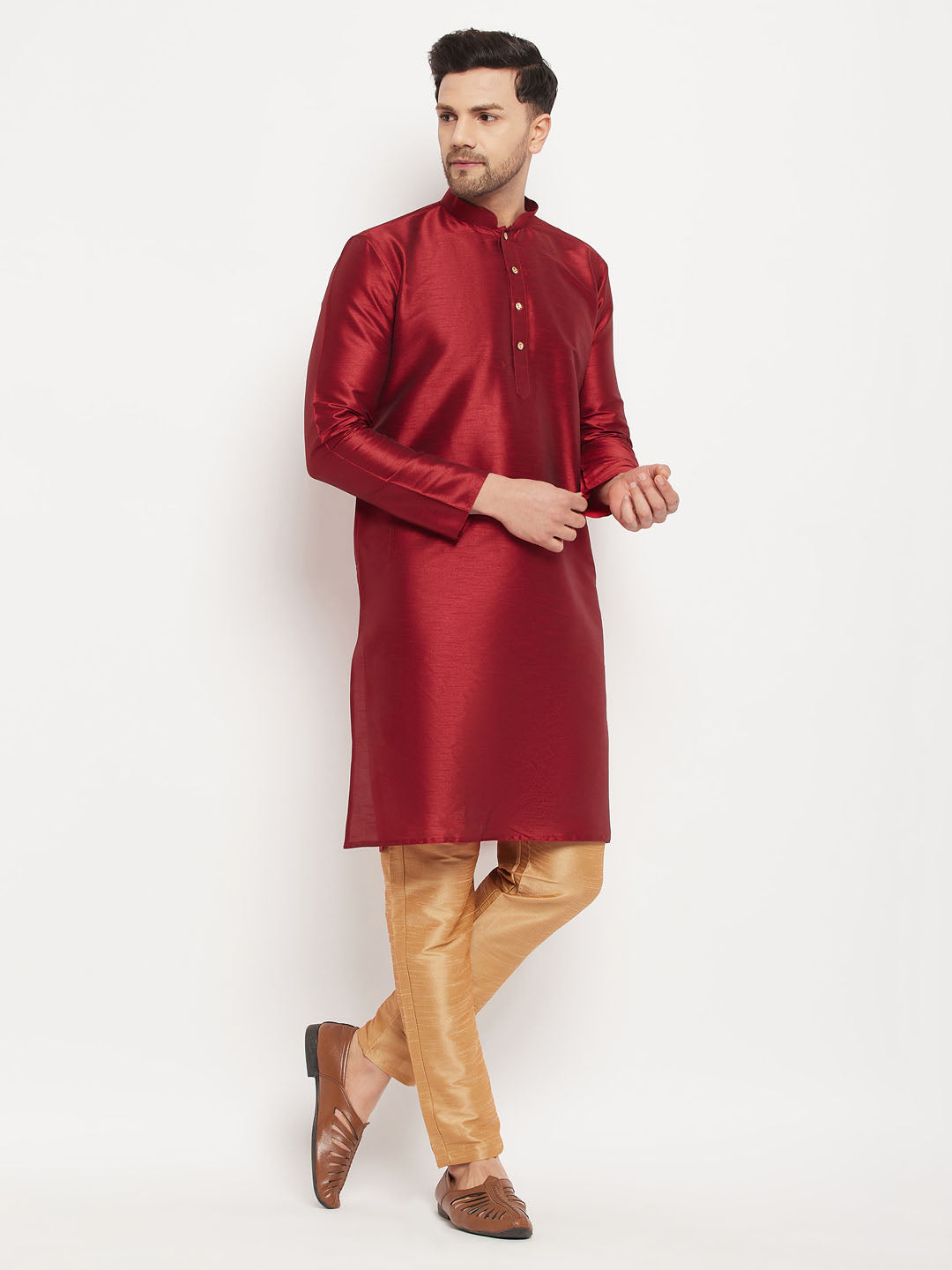 Men's Maroon Silk Blend Kurta And Rose Gold Pant Style Pyjama Set