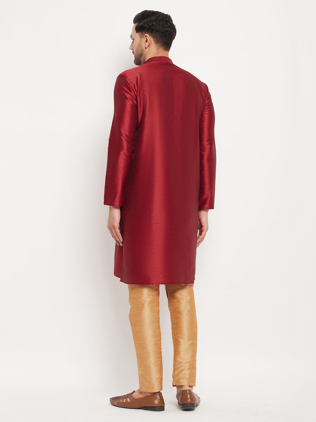 Men's Maroon Silk Blend Kurta And Rose Gold Pant Style Pyjama Set