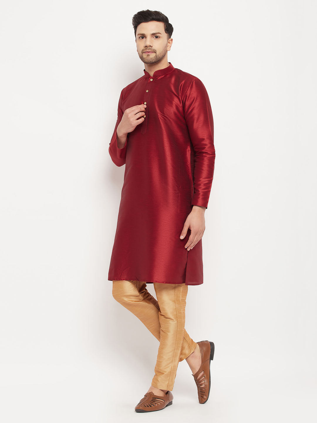 Men's Maroon Silk Blend Kurta And Rose Gold Pant Style Pyjama Set