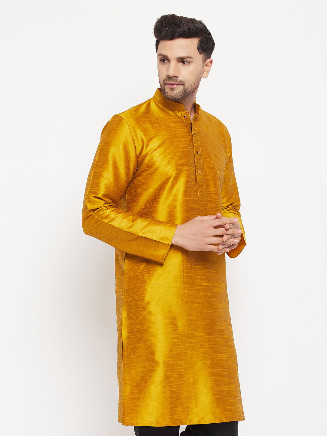 VASTRAMAY Men's Mustard Cotton Silk Blend Kurta