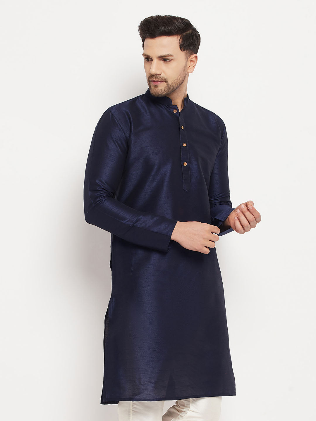 VASTRAMAY Men's Dark Blue Cotton Silk Blend Kurta