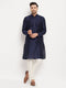 Men's Navy Blue Silk Blend Kurta And Cream Pant Style Pyjama Set