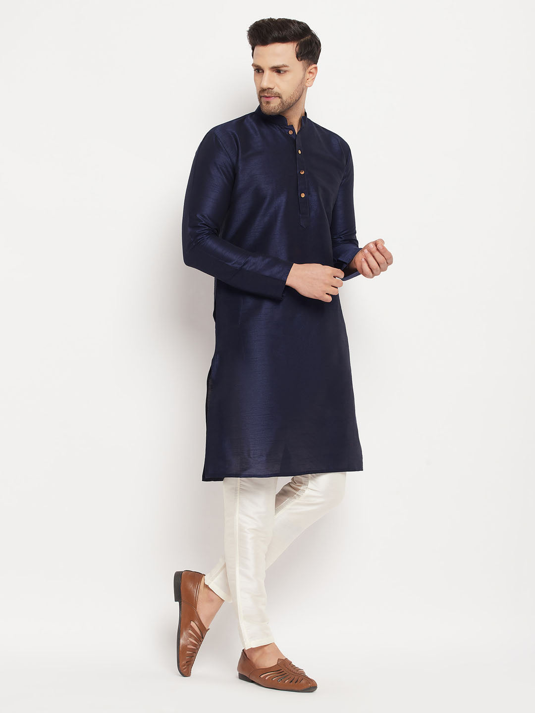 Men's Navy Blue Silk Blend Kurta And Cream Pant Style Pyjama Set