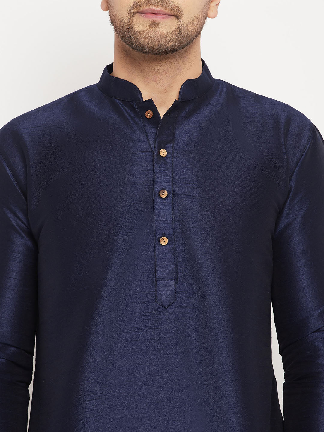 Men's Navy Blue Silk Blend Kurta And Cream Pant Style Pyjama Set